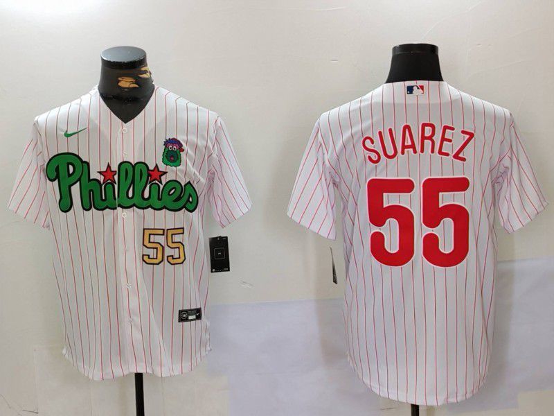 Men Philadelphia Phillies 55 Suarez White stripe Second generation Joint Name 2024 Nike MLB Jersey style 2